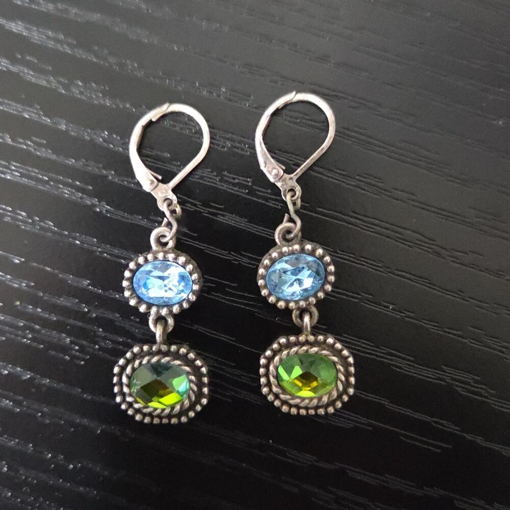 Lia Sophia Double Crystal Drop Earrings Silver Tone Leverback Statement Jewelry